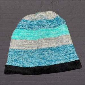Field & Stream Womens Knit Beanie Teal Blue Striped Cabin Winter Hat Lined Gray